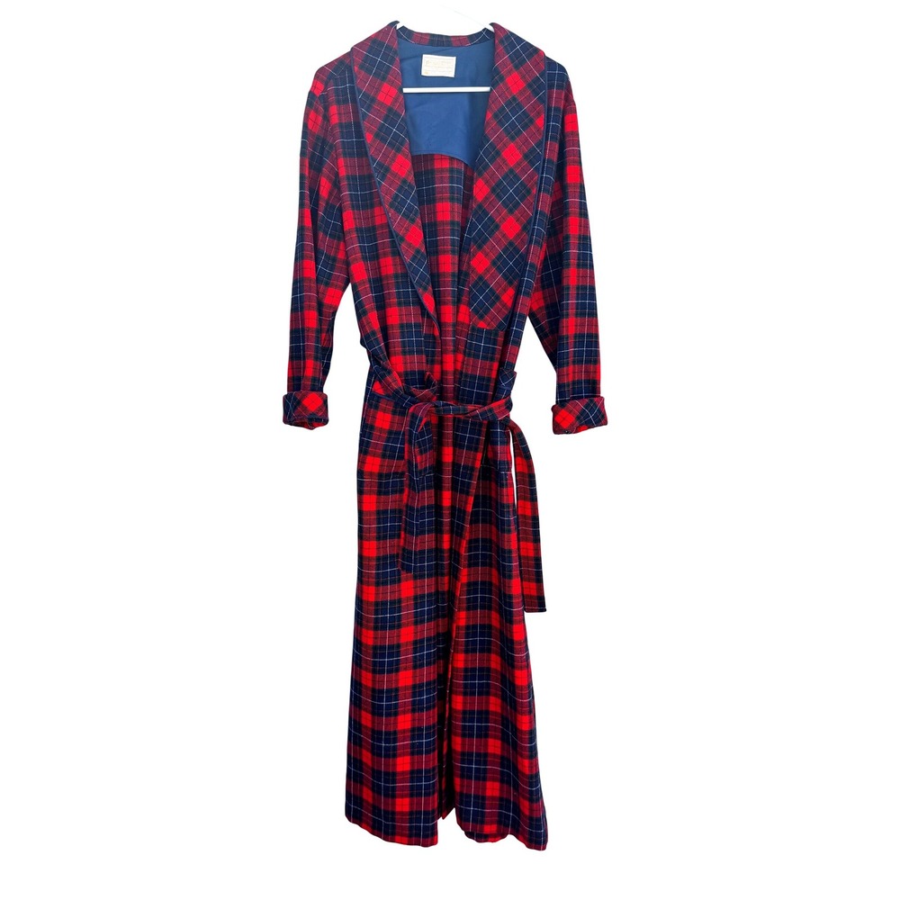 Vintage Pendleton Wool Robe Mens Red Blue Plaid Tartan Belted Loungewear USA L